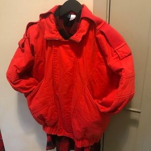 Vintage red canvas bomber jacket brown fleece line